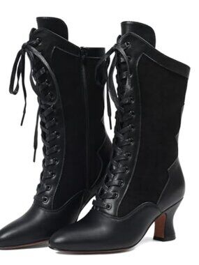 Witch Boots for Women Victorian Lace Up Pirate Mid Calf Boot